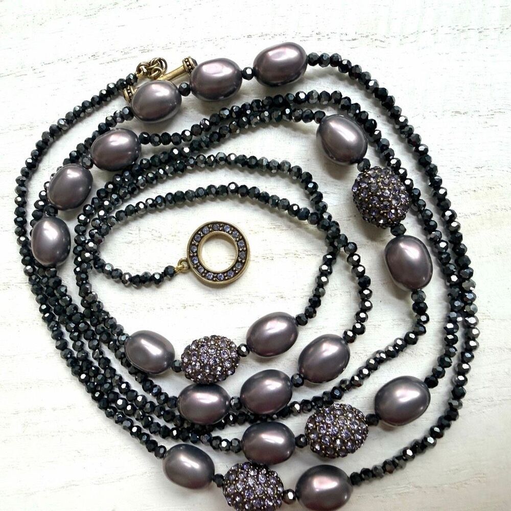 Heidi Daus Long Opera Necklace Gunmetal Beads Mauve Pearl Pave Crystal Convertib